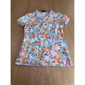 Cherokee Womens Scrub Top Small Pink Ribbon Floral Butterfly V-Neck Pockets